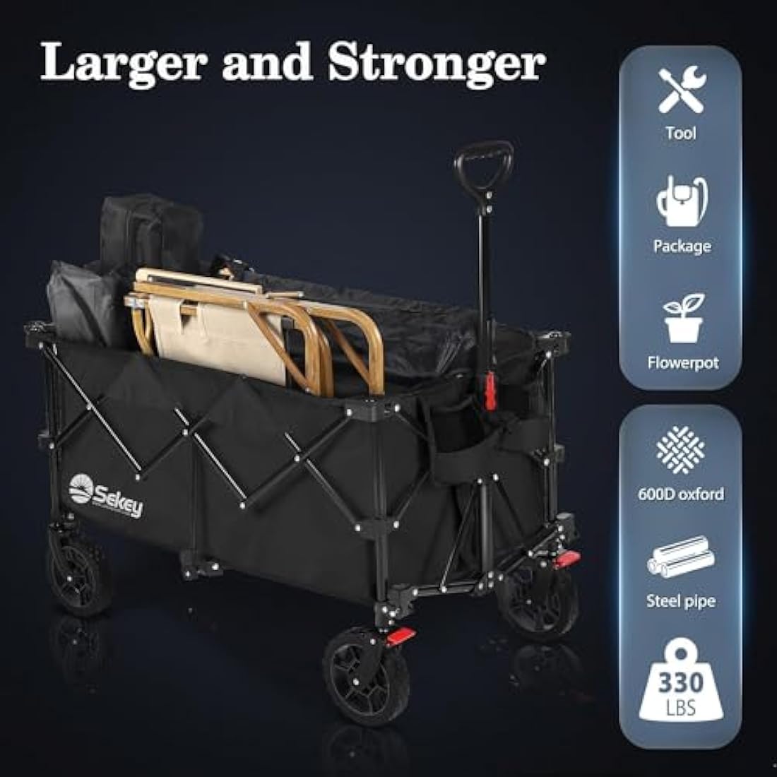 Sekey 200L Folding Festival Trolley with All-Terrain Wheels and Brake, Heavy-Duty Cart Loadable up to 150KG (330LB), Patented Four-Directional Foldable Design, Wagon for Beach Camping Garden, Black