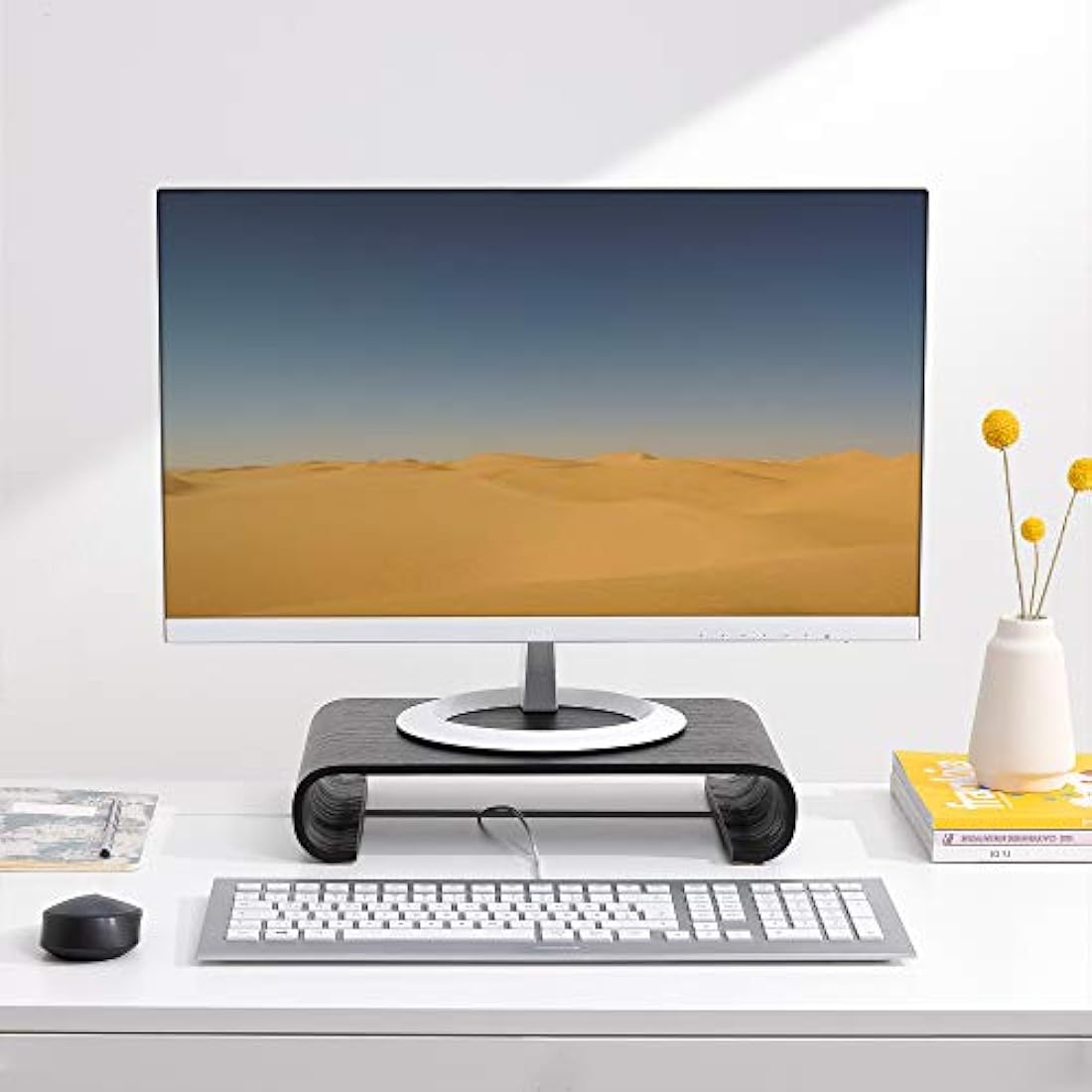 Navaris Computer Monitor Wood Stand - Universal Desk Monitor Holder - Desktop Dock Wooden Mount Display Riser for PC TV Laptop - Oak in Black