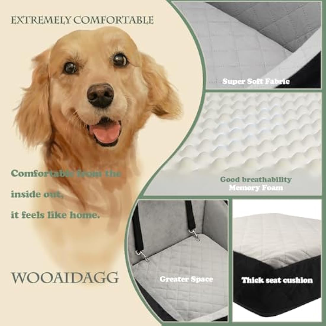 WOOAIDAGG Dog Car Seat for Medium Sized Dog,Pet Car Bed with Seat Belt Channel,Fully Detachable and Washable Pet Travel Seat with Adjustable Straps,3 Straps Easy to Install (Black/Grey)