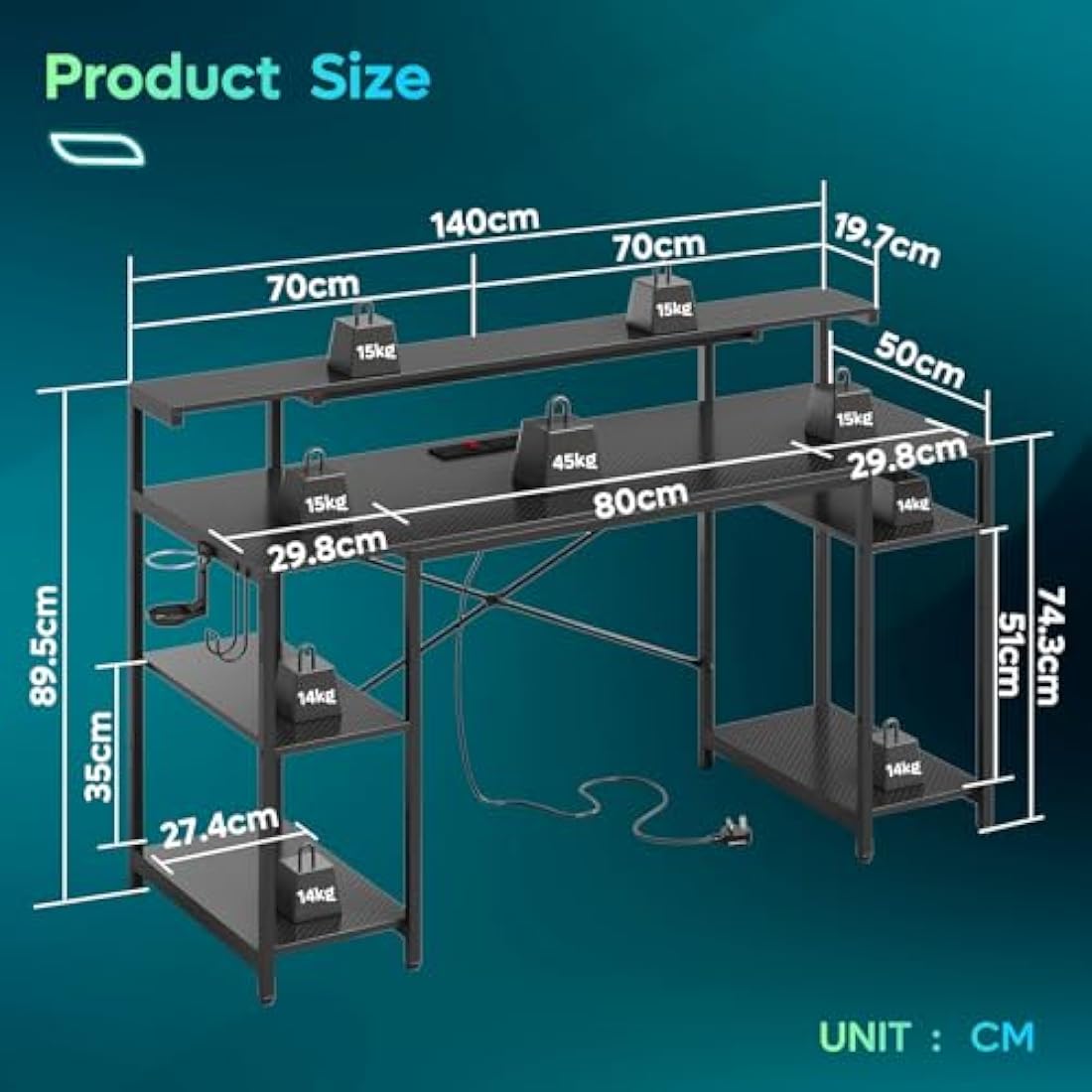Bestier 140 CM Computer Desk with Power Outlets & LED Lights with Monitor Shelf Gaming Desk with Shelves Writing Desk with Storage Office Desk &Workstation for Home Office Bedroom