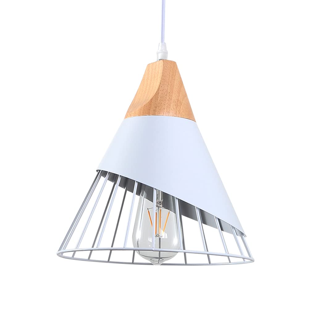 WOWEWA White Modern Pendant Light Over Kitchen Island,Adjustable Wood Hanging Light Fixture,E27 Industrial Pendant Lighting for Dining Room,Living