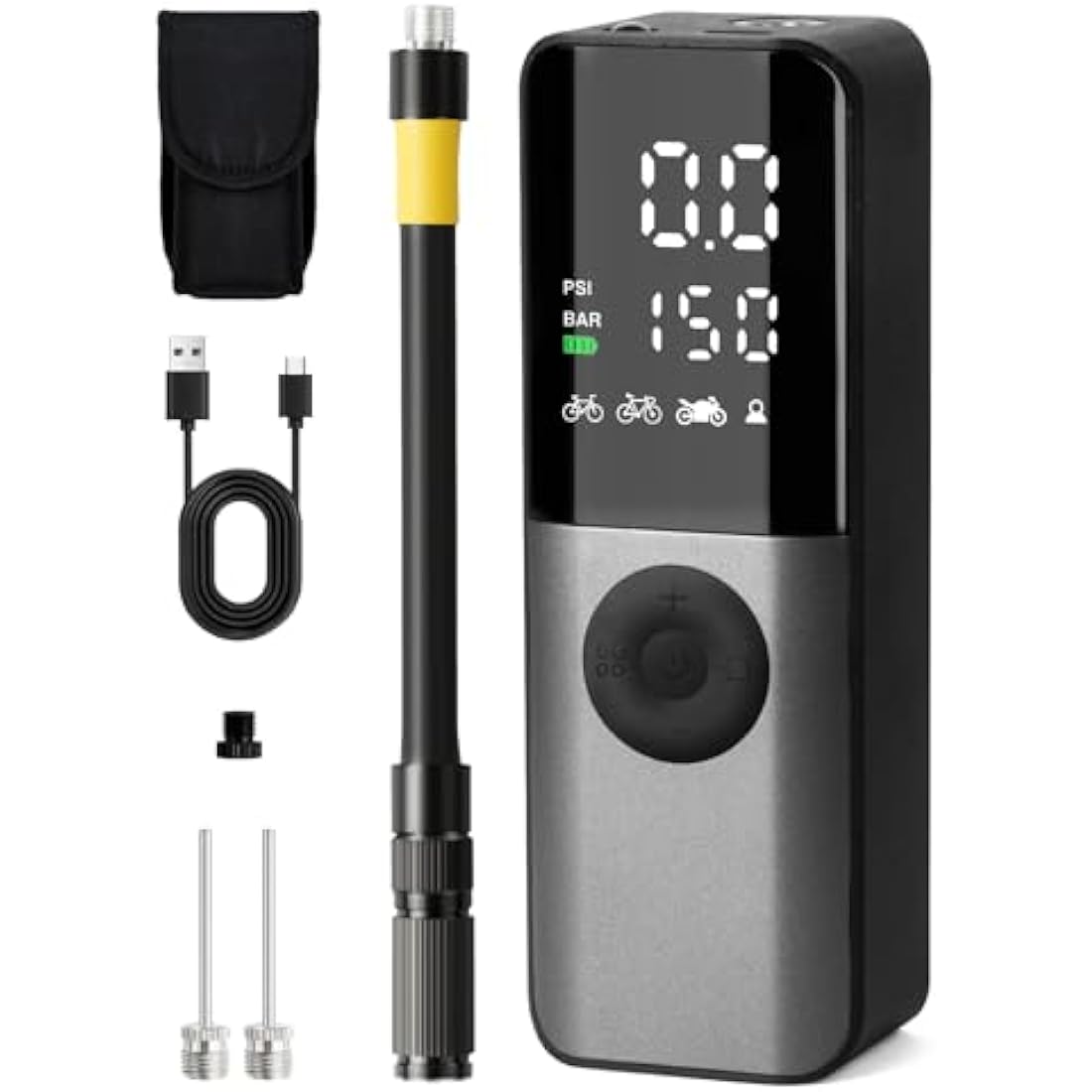 Electric Bike Pump, 150Psi Portable Bicycle Tire with Digital Pressure Gauge for E-Bike, Motorcycle with Presta, Schrader, Dunlop Valve Accessories