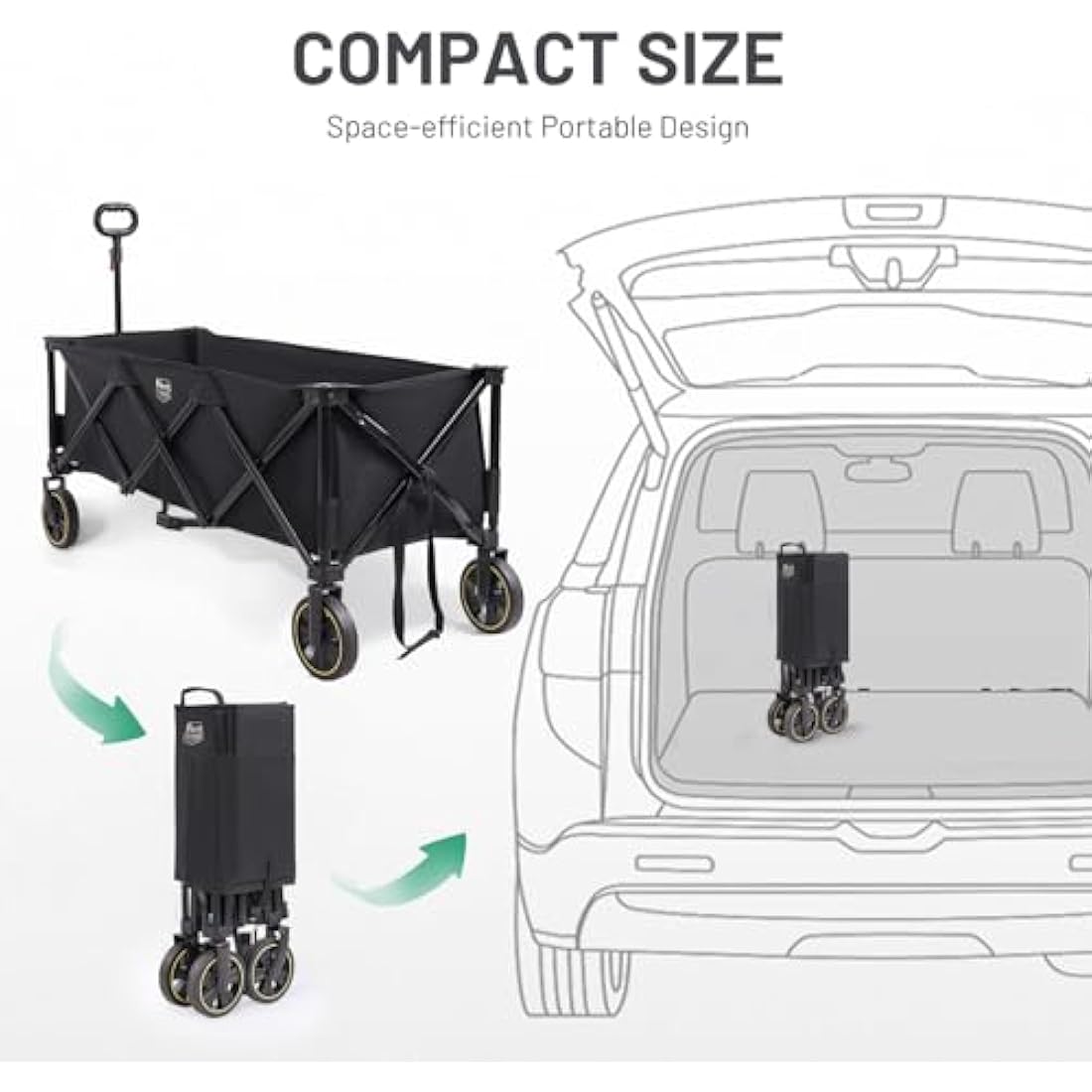 TIMBER RIDGE Extended Festival Trolley with Brakes & Cargo Net, 300L Large Collapsible Folding Wagon with Adjustable Handle & Cup Holder, 160kg Heavy Duty Cart for Camping Shopping Hiking, Black