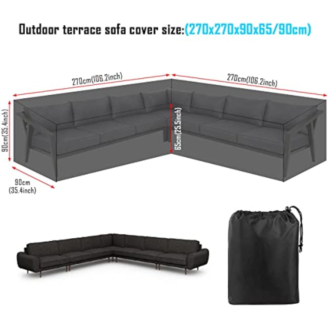SanGlory V-Shape Garden Furniture - Waterproof Patio Sofa Couch Cover, Heavy Duty Oxford Outdoor Rattan Corner Sofa Cover Anti-UV, 270x270x90/90x65cm