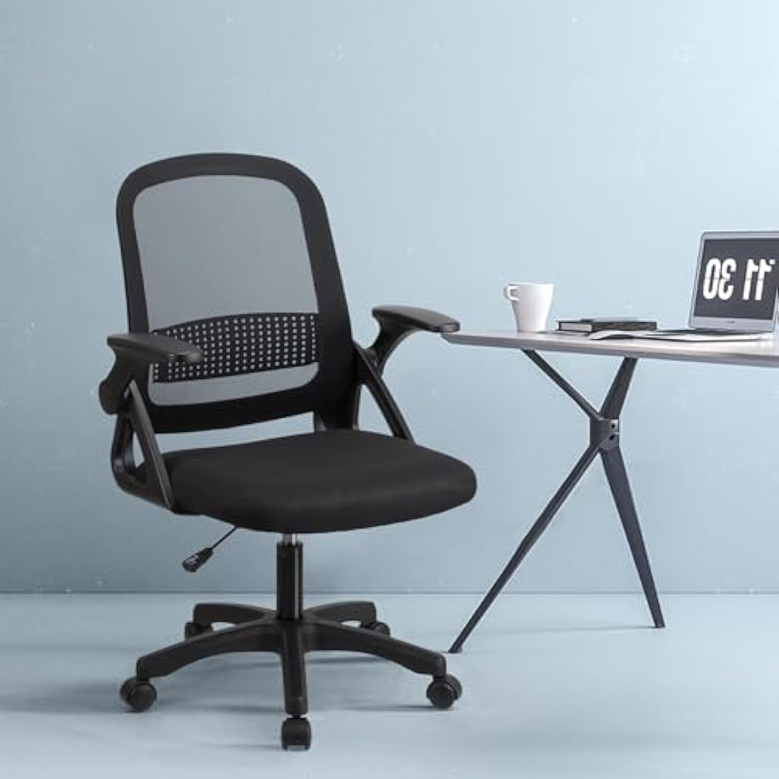T-THREE.Adjustable ergonomic mesh swivel chair, office and study seat with lumbar support, height adjustment, 360° rotation, 90° flip-up armrests for home office(Black)