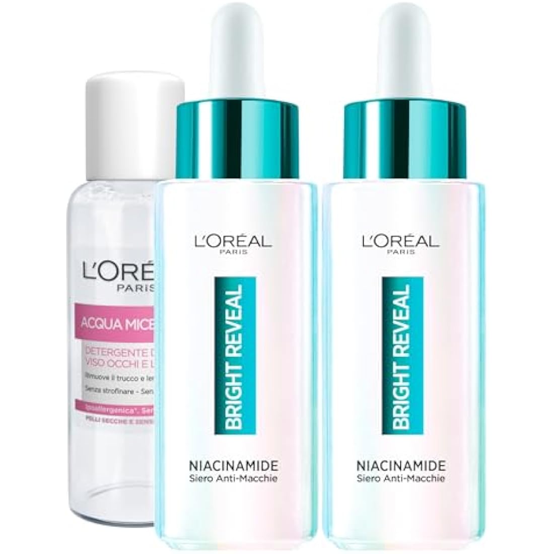 L'Oréal Paris Bright Reveal Anti-Blemish Face Serum Uniforming Smoothing Illuminating Gentle Formula Against Imperfections for Sensitive Skin - 2x 30ml Bottles + Micellar Water 30ml