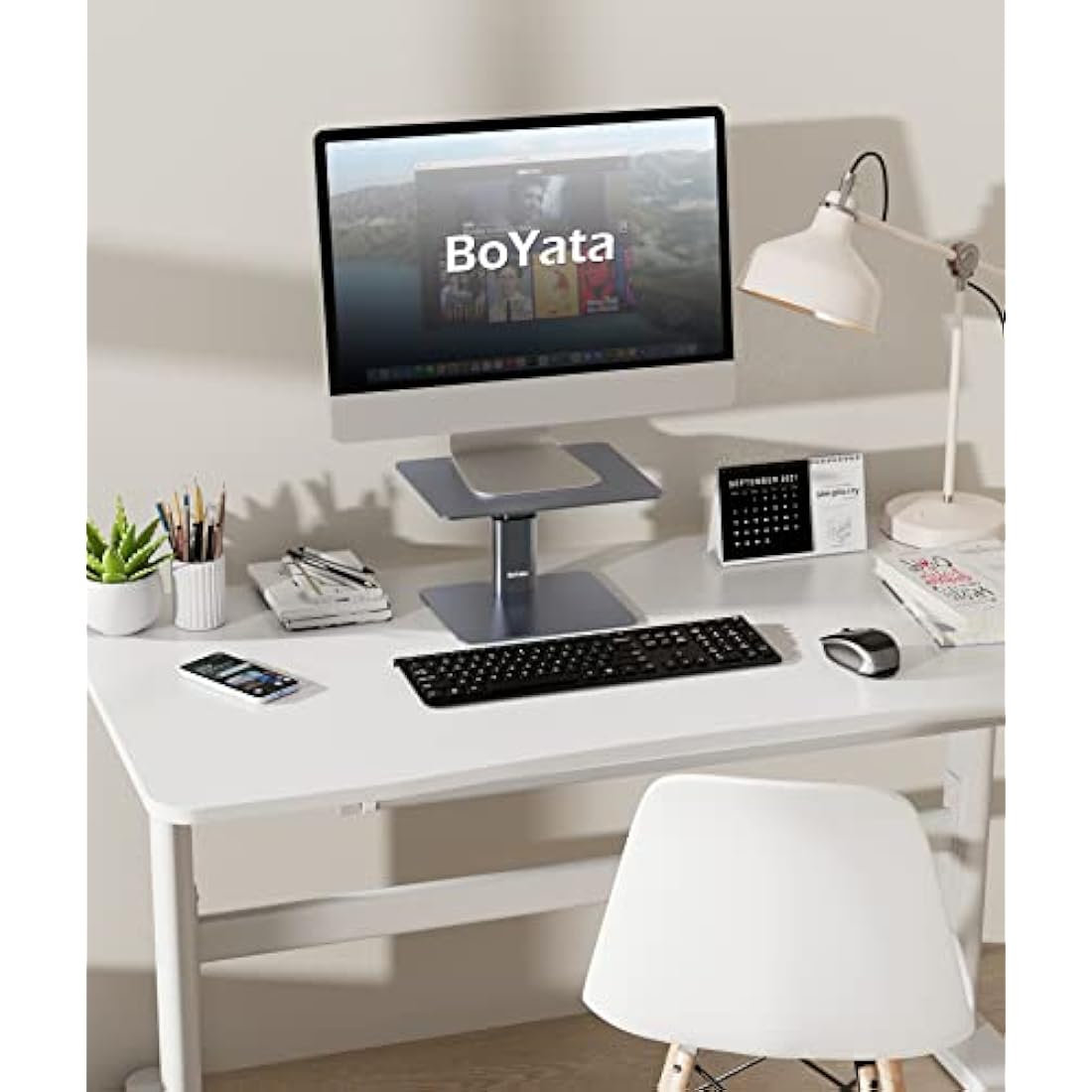 BoYata Monitor Stand Riser, Metallic Adjustable Height Desktop Stand Storage Organizer Compatible with Display, Computer, Laptop, iMac, TV, PC, Printer and All Screen Display-Grey