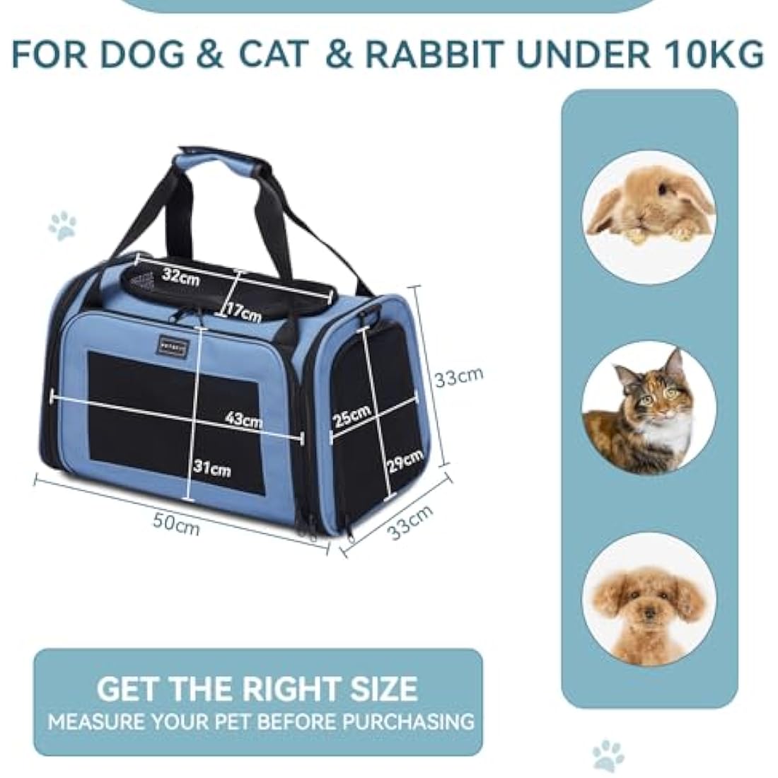 Petsfit Cat Carrier Large Up to 12KG, Cat Carrier for 2 Cats with Extendable Fleece Mat,Small Dog Travel Bag Carrier with Safety Leash for Puppy for Car Use, Blue，50 * 33 * 33CM