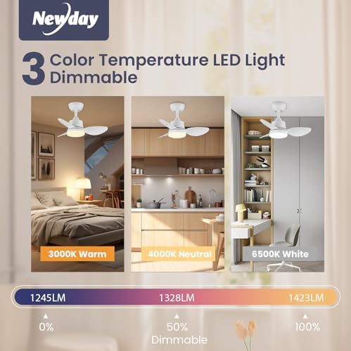 Newday 24inch Small White Ceiling Fan with Light and Remote Control, Diammable LED Lights, 3 Blades, Quiet DC Motor 6 Speeds Memory Function for Bedroom Living Room