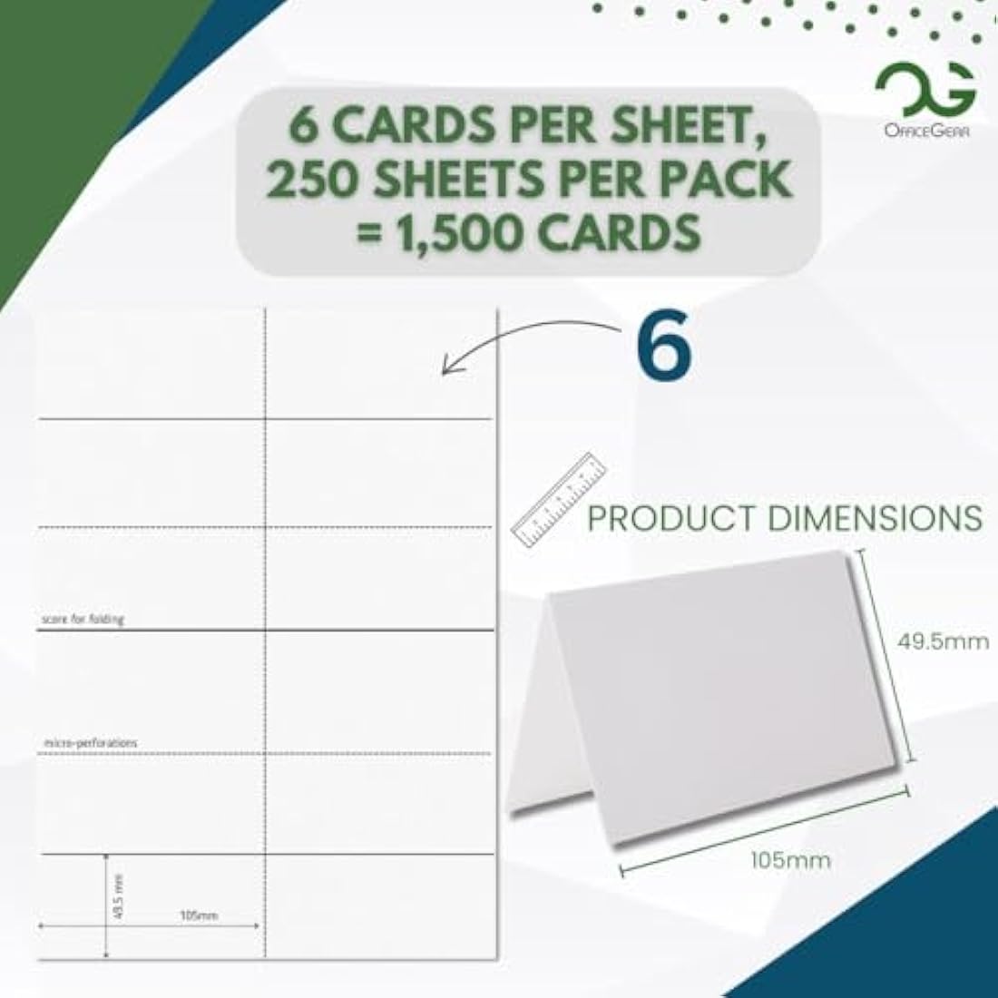 OfficeGear Small Tent Cards 6-up [250 Sheets - 1500 Bulk Pack] 49.5x105mm Printable A4 170gsm Scored Folding Table Top Name Place Cards for Hotels Weddings Conference Events Incl Design Template