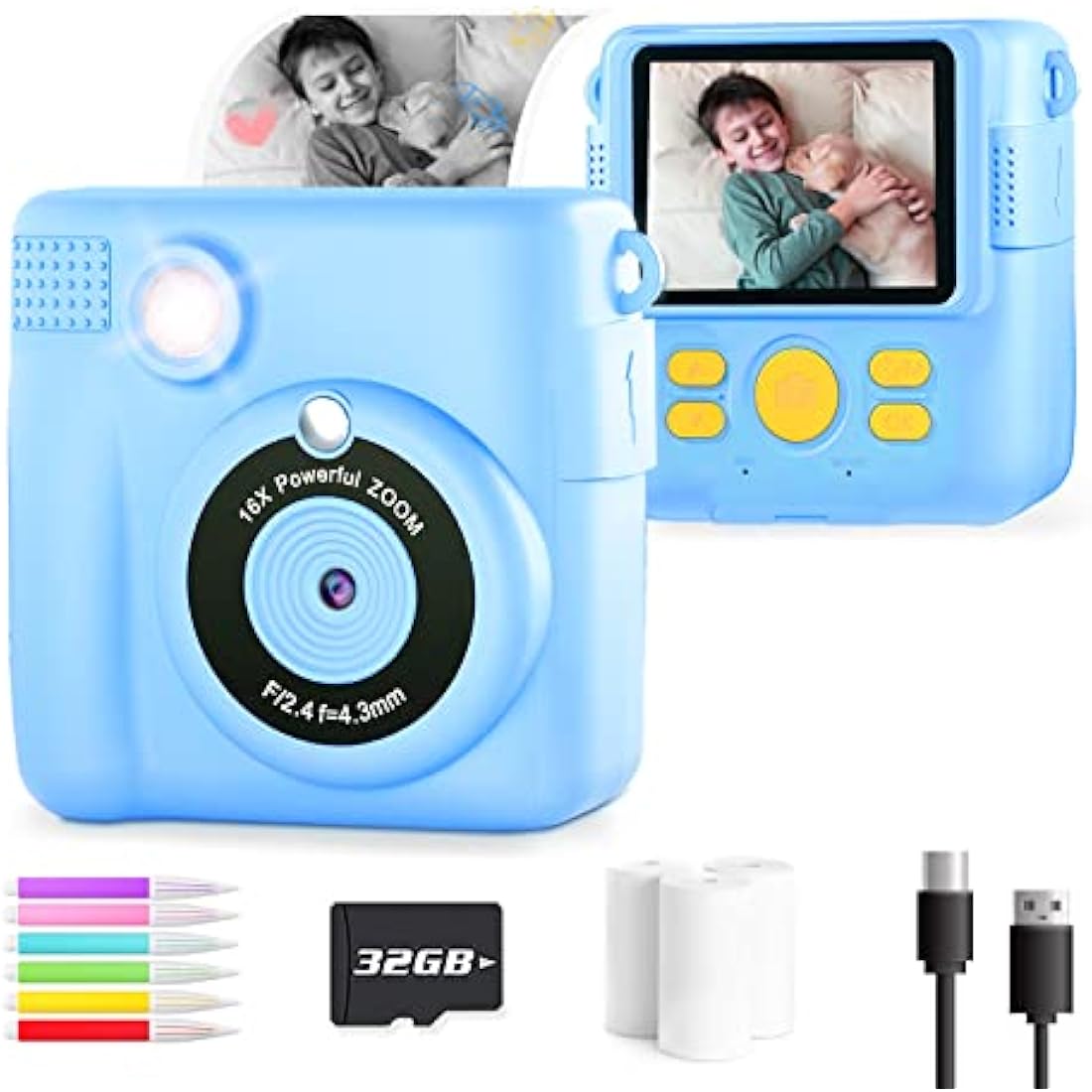 OPERHOO Kids Camera Boys Girls, Kids Instant Print Camera Toy 3-14 Year Old, 1080P HD Kids Digital Camera with Photo Paper Birthday Gifts 3 4 5 6 7 8 9+ Year Old Boy 6 Colour Pens 32GB SD Card