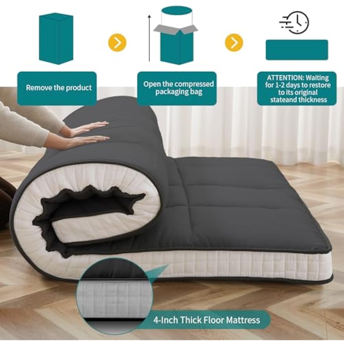 SUNYRISY Futon Mattress Japanese Floor Mattress, Thicken Foldable Bed Mattress, Roll Up Mattress Topper Sleeping Pad Tatami Mat, Floor Lounger Guest Bed for Camping Couch Car, Black, Single