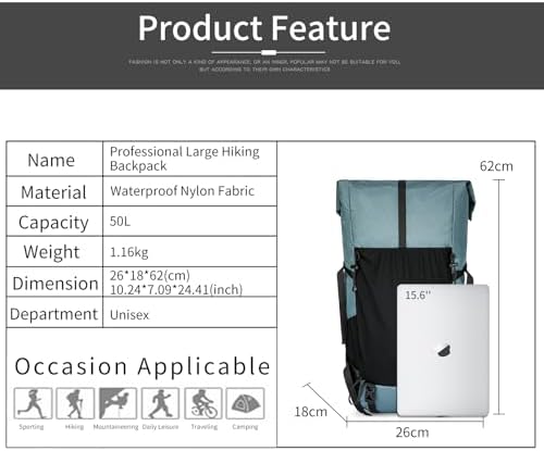 POWER KING 40L Expandable TO 50L Hiking Backpack,Upgraded X-PAC Scratch-proof Lightweight Large Rucksack for Mens Women, Outdoor Roll Top Camping Packsack, Fit for 15.6'' Laptop