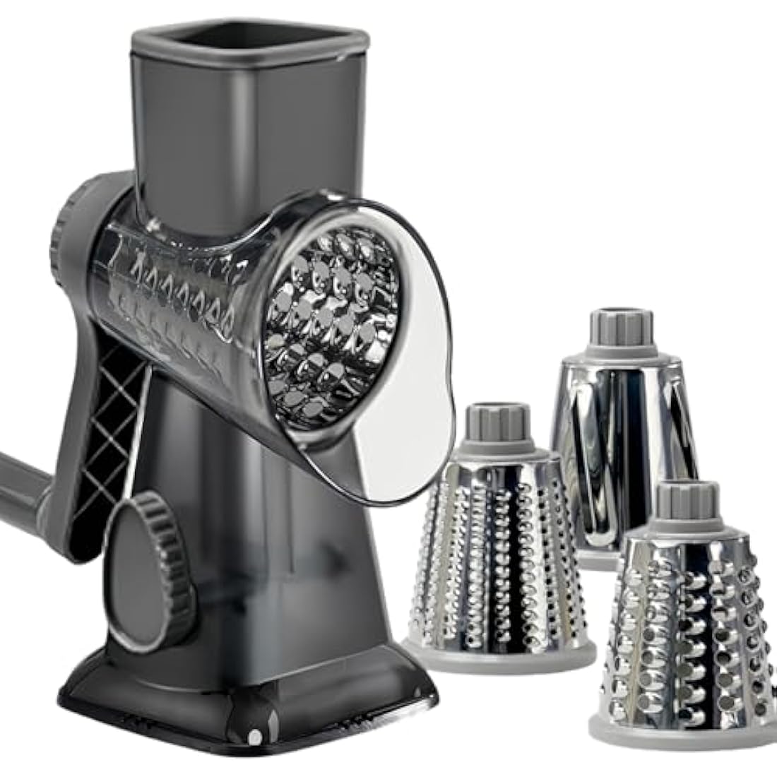 LacusMare Rotary Cheese Grater with 3 Blades for Slicing, Coarse Grating & Fine Shredding, Graters for Kitchen with Stable Suction Base, Vegetable Slicer for Cucumber, Carrot, Potato, Nuts (Gray)