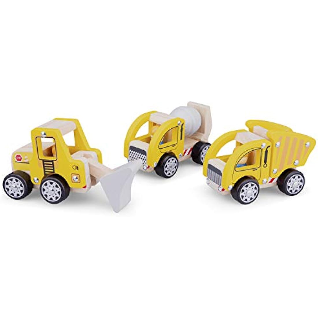 New Classic Toys 11948 Wooden Construction Vehicles Set for Toddlers First Cars for One Year Old, Yellow