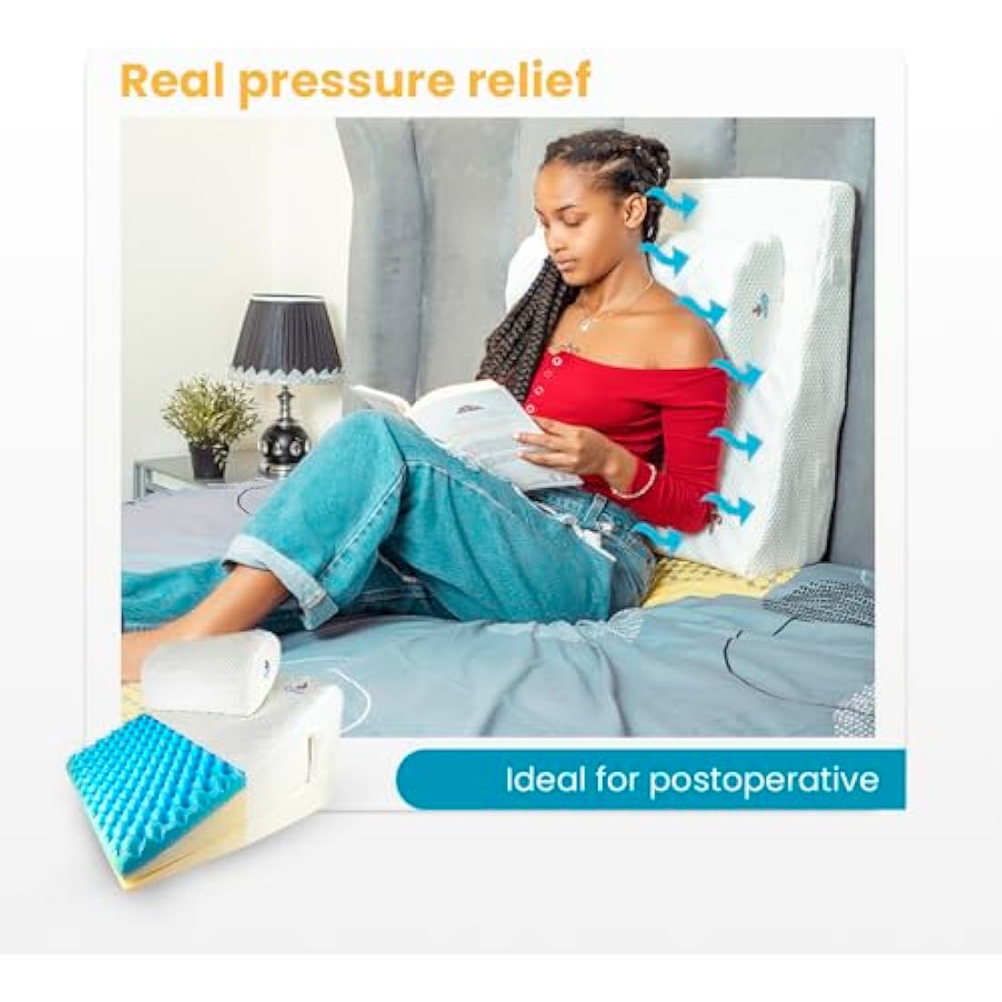 Ritalia® Wedge Cushion with 3 Elevations 60 x 60 x 30 cm, Ideal Anti-Reflux Pillow for Adults, Reading Cushion and Bed Backrest. Made of Memory Foam and Injected Gel