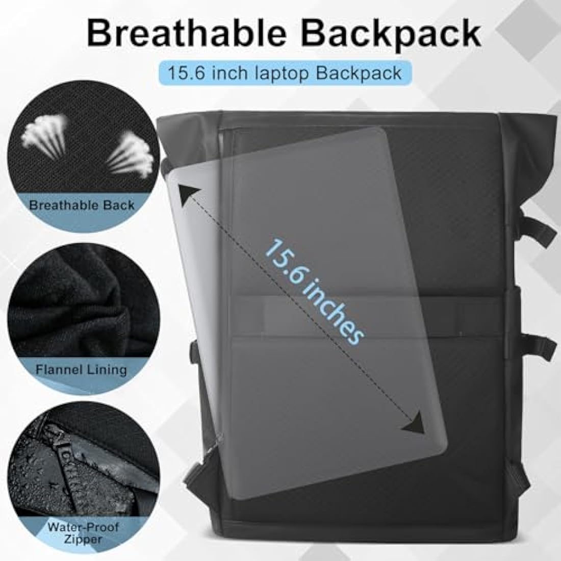hk Roll Top Backpack Large Laptop Backpack 15.6'' USB Port Water-resistant Anti-theft Rucksack Travel Hiking Camping College School Work (27L Black)