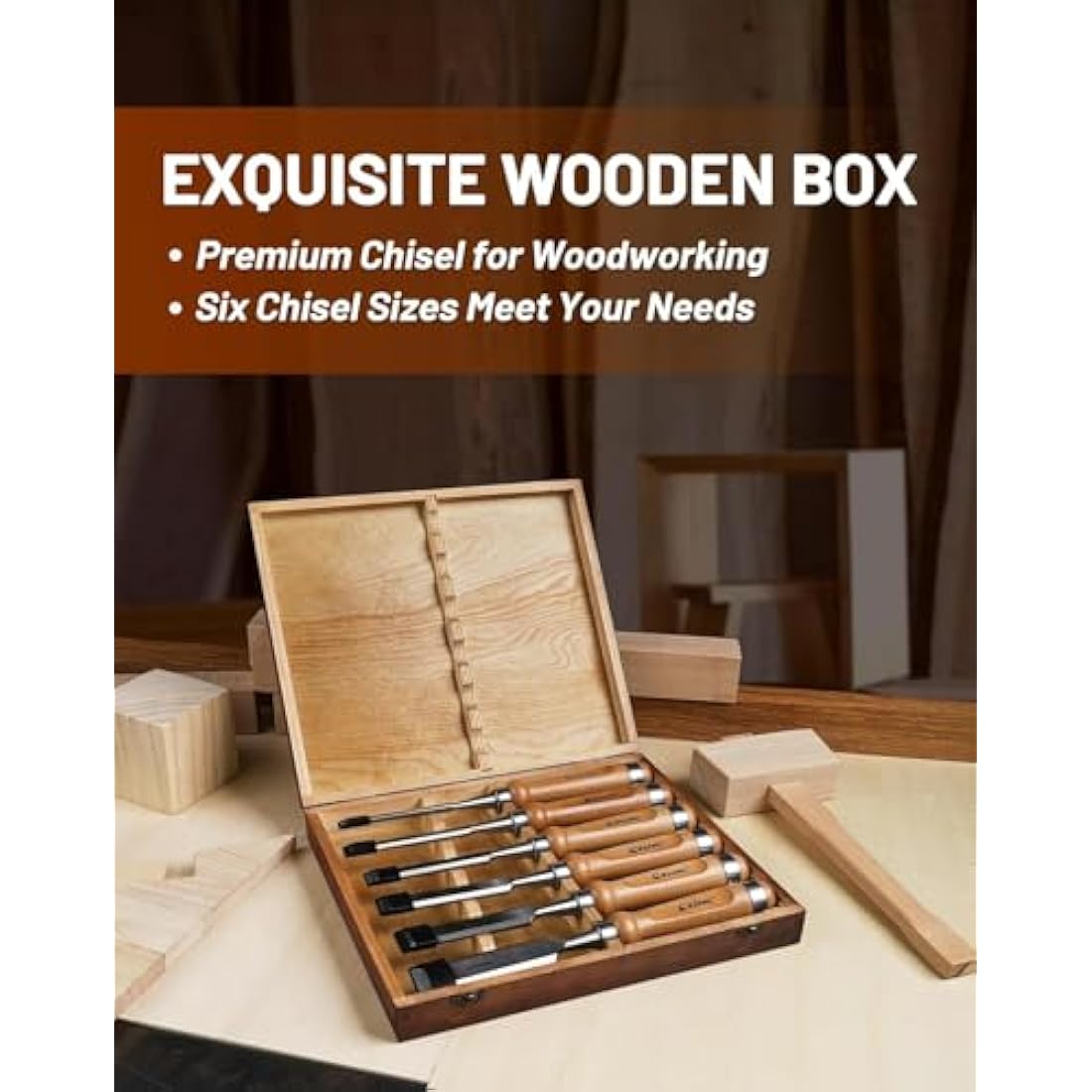 EZARC 6pc Wood Chisel Set for Woodworking - CRV Steel with Ash Wood Handle in Wooden Presentation Box