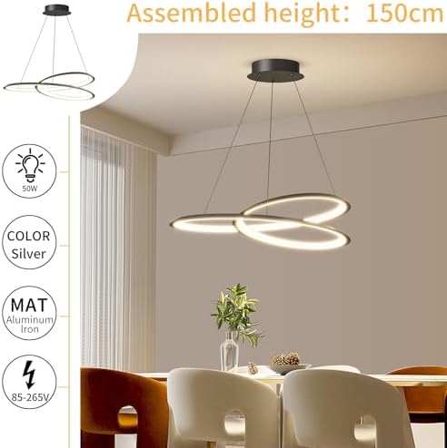 Mikeru Modern Hanging Chandelier with Memory 3000k/4500k/6500k Kitchen Island Pendant Light, Height Adjustable 1.5M Ceiling Pendant Light for Kitchen, Dining Room, Living Room, Bedroom