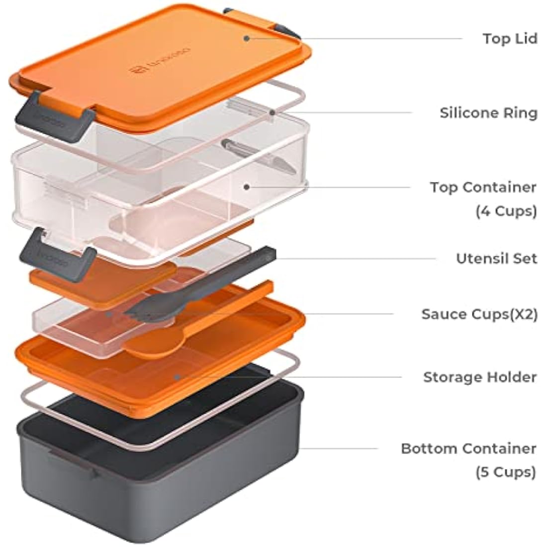 linoroso Bento Lunch Box for Adults with 3 Compartments Lunchbox with Sauce Container and Utensils, Bento Boxes for Microwave and Dishwasher Plastic BPA-Free As Sandwich Snack Salad Box - Lava Orange
