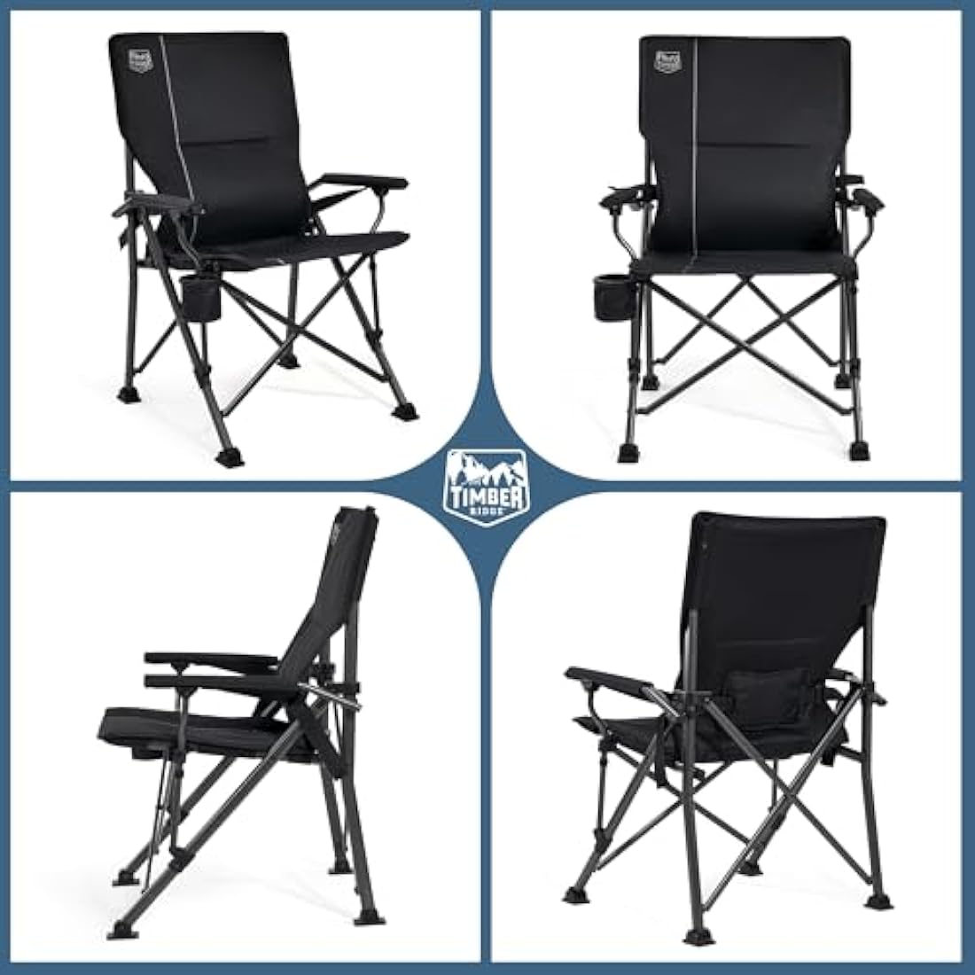 TIMBER RIDGE Folding Camping Chair 150kg High Back Portable Folding Chair with Cup Holder Hard Armrest Fishing Chair for Camping, Picnic, Garden, Balcony