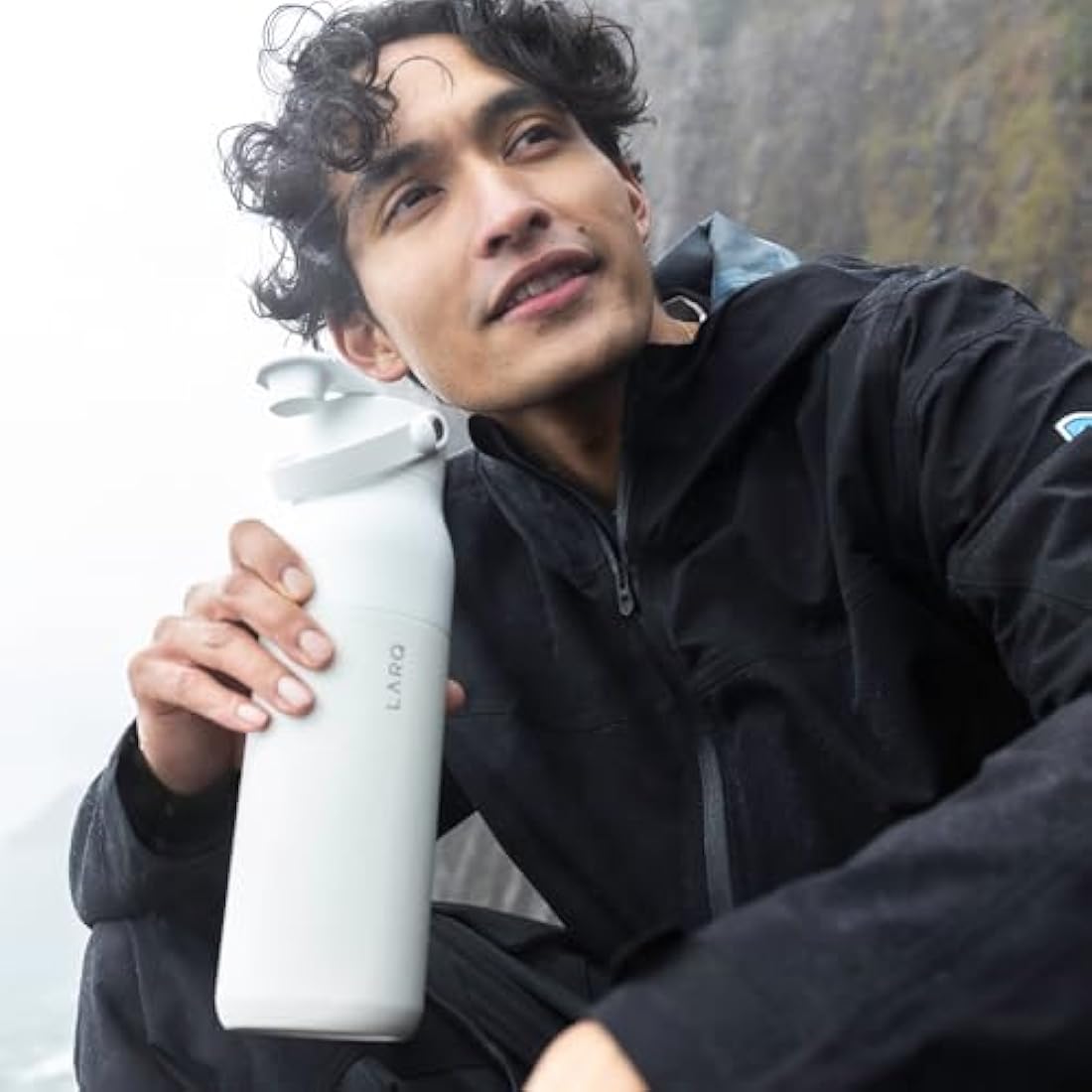 LARQ Bottle Swig Top 34oz - Insulated Stainless Steel Water Bottle with Built-in Silicone Handle | Thermos, BPA Free | Reusable Water Bottle for Sports, Gym, and Travel, Granite White