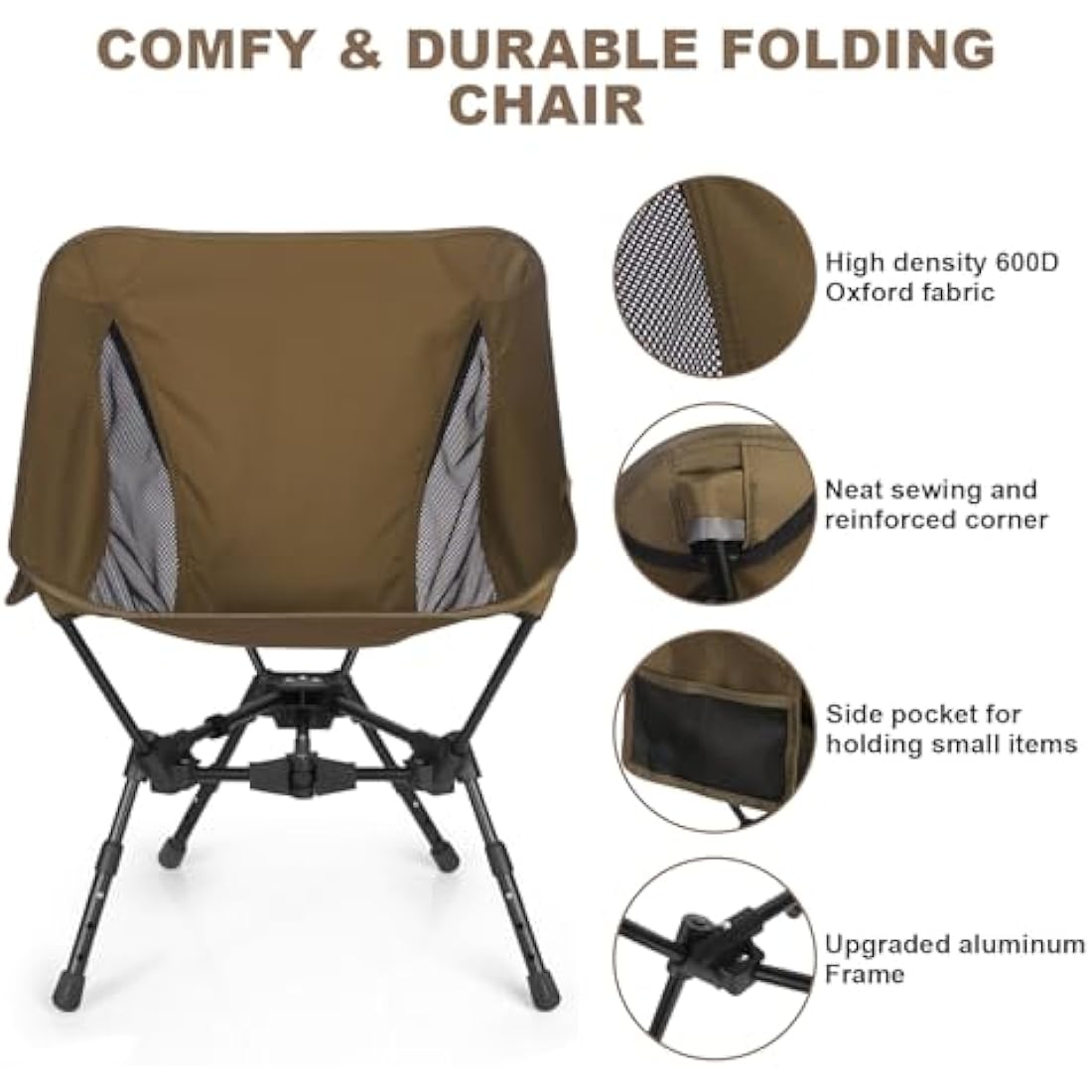 Lightweight Folding Camping Chair: Portable Ultralight Height Adjustable Folding Camping Chair 330 lbs Capacity with Side Pockets Ideal Backpacking Chairs for Short hikes and Cycling Trips (Khaki)