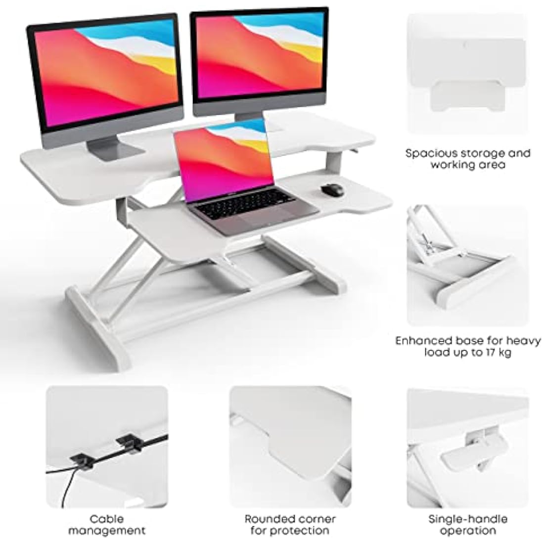 PUTORSEN Standing Desk Converter, 36" Height Adjustable Sit Stand Desk Riser with Keyboard Tray, Dual Tiered Computer Workstation with Cup Holder and Note Board up to 15kg, White