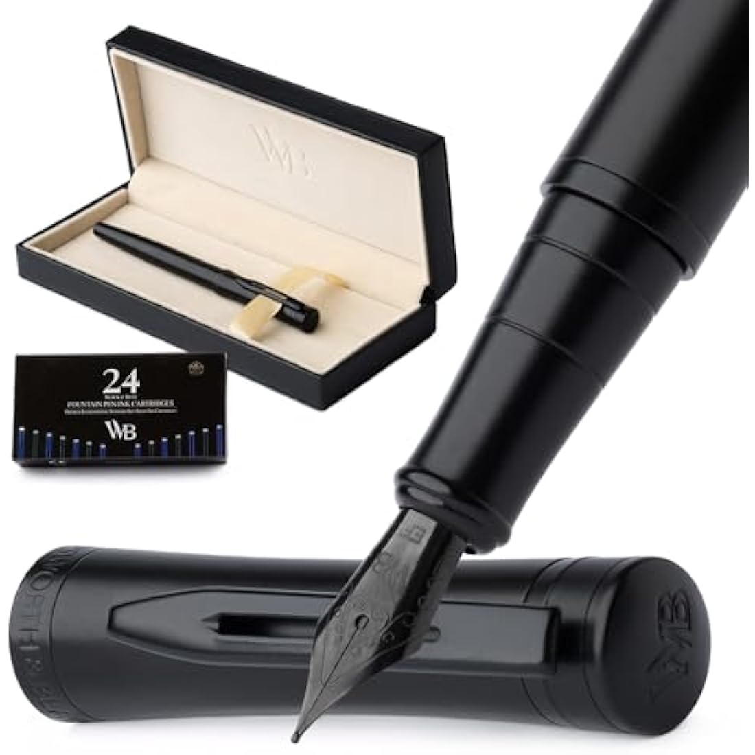 Wordsworth & Black Fountain Pen Set, Extra Fine Nib, Includes 24 Pack Ink Cartridges, Ink Refill Converter & Gift Box, Calligraphy, [All Black], Perfect for Men & Women