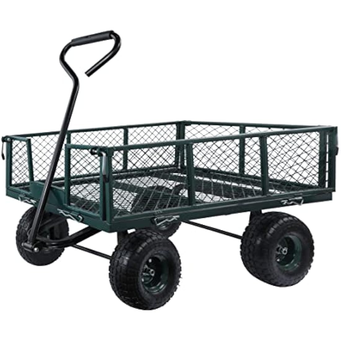 MOUNTALL Utility Steel Garden Cart Trolley 350kg Heavy Duty Black Mesh Gardeners Wagon, Folding Sides, 10 inch Pneumatic Tyres, Outdoor Cart for Gardening, Festivals, Camping