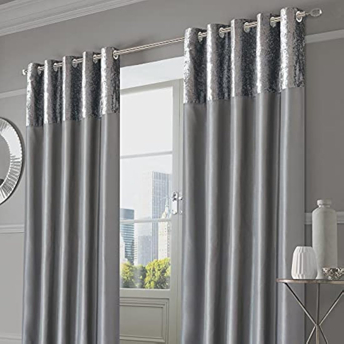 Sienna PAIR of Crushed Velvet Band Curtains Fully Lined Eyelet Ring Top Faux Silk Window Treatment Panels - Silver Grey, Width 66" x Drop 90"