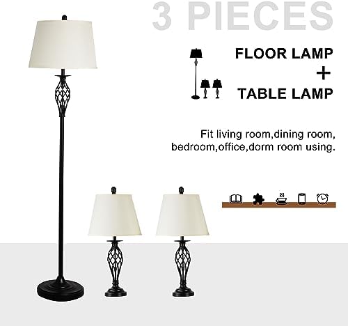 Depuley Modern Table and Floor Lamps, 3 Pack With White Linen Lampshade, Farmhouse Lamp Set for Living Room Bedroom Nightstands, Black (Bulb Included)