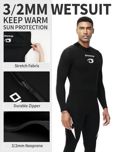 Owntop Men's Full Length 3/2mm Wetsuit, Ultra-Stretch Long Sleeve Winter Wetsuit, Back Zip Adult Neoprene Surfing Diving Wet Suit, Men Black L