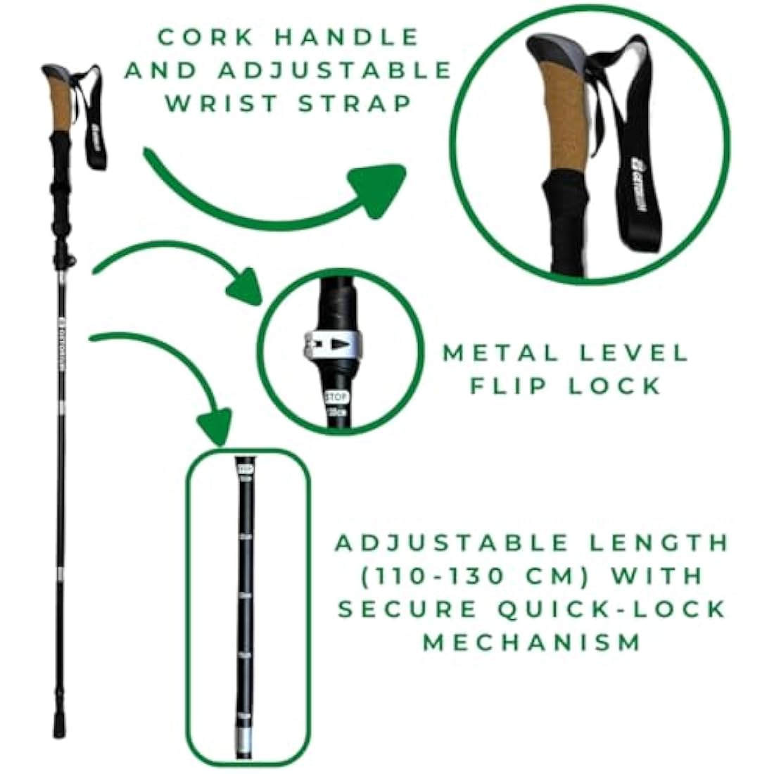 GETORIUM Trekking Poles - Lightweight, Folding Hiking Poles for Backpacking Gear, Nordic Ultralight Walking Sticks, 2 Poles, Aluminum 7075, 110-130cm, Cork Grip