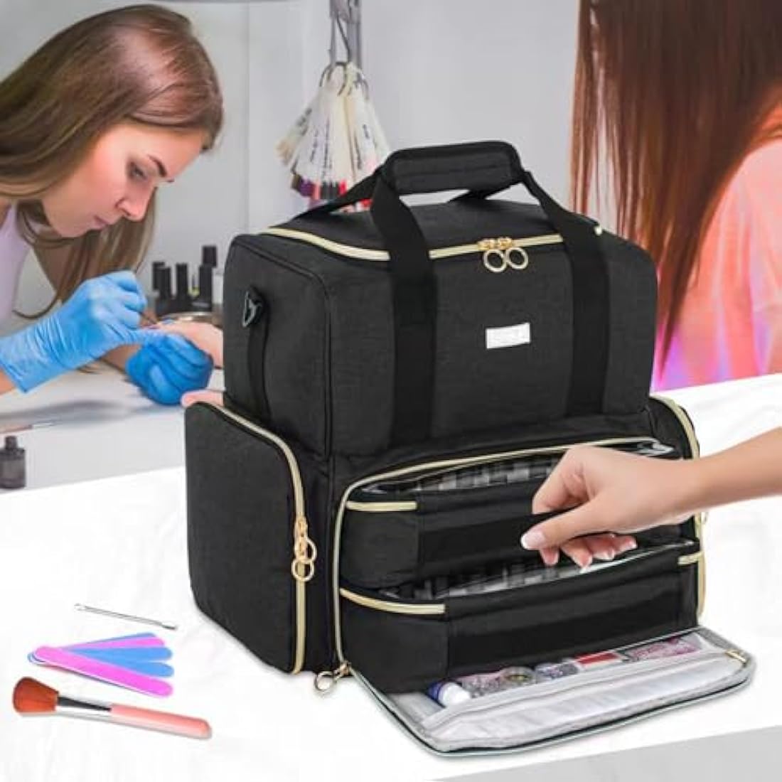 IVODEELA Nail Polish Organiser Bag,Large Nail Kit Bag Holds 80 Bottles and a Nail Lamp,Nail Polish Carrying Case with Two Removable Bags,Portable Nail Polish Holder for Nail Supplies