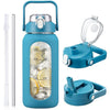 HYDRAGLAZIC 2L Glass Water Bottle with 2 Lids Flip and Chug Lids 2 Liter Large Water Jug with Time Marker and Silicone Sleeve BPA Free Leak-proof for Sports Gym, Blue