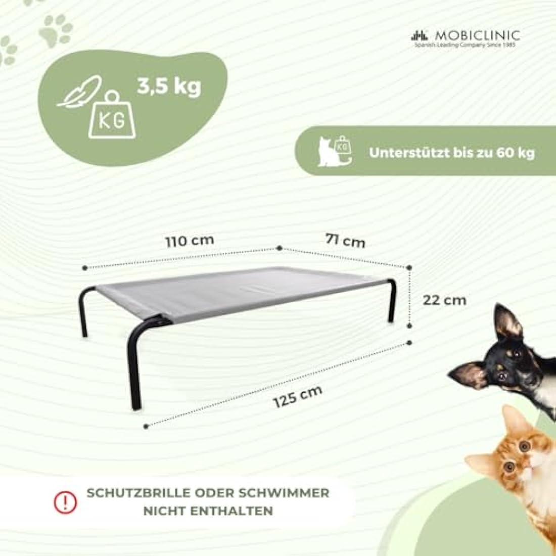Mobiclinic®, Elevated Dog Bed, Cooling Breathable Elevated Pet Bed, 122x71x21cm, Pet Cot Elevated, Indoor and Outdoor, Easy to Clean, Dog Bed, Insulating, Tool-Free Assembly, Cleo, Max. 60 kg, Grey