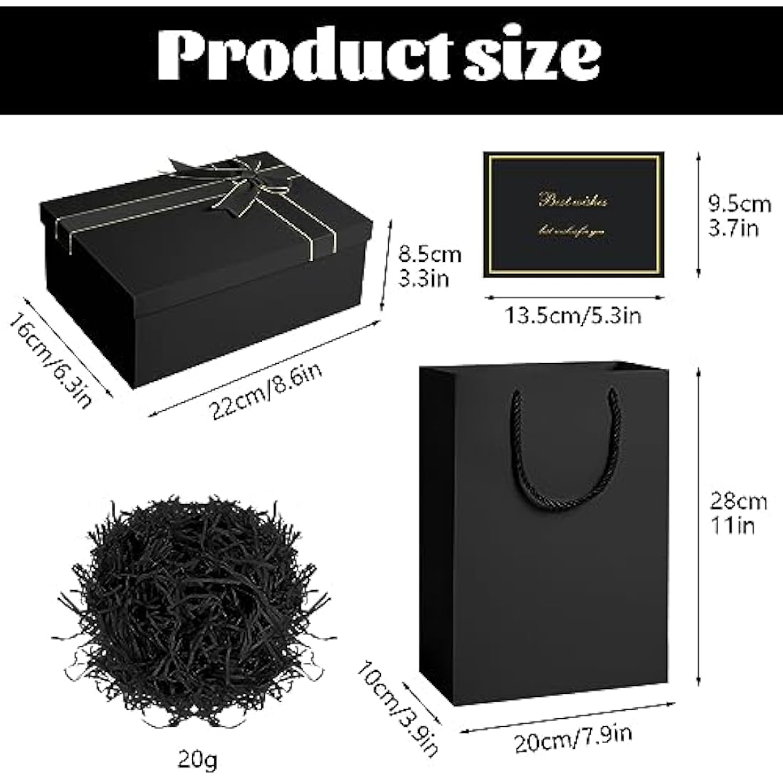 Black Gift Box, Luxury Gift Boxes with Lids Ribbon Greeting Card Shredded Paper and Paper Gift Bag Jewellery Gift Boxes for Valentines Day Presents Birthdays Wedding Anniversaries(22 * 16 * 8.5cm)