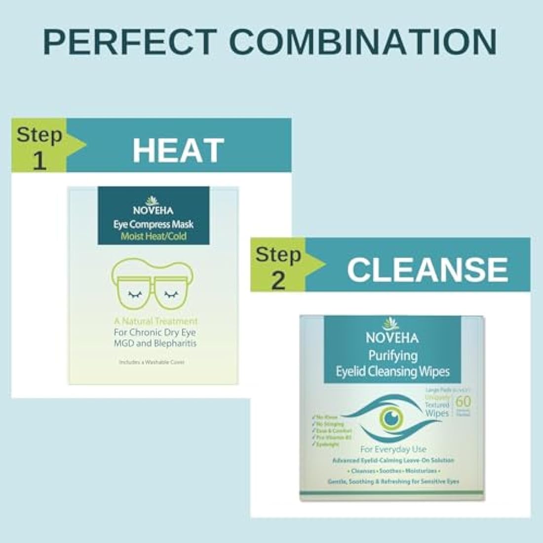 NOVEHA Eyelid & Lash Wipes | For Itchy, Dry Eyes, Styes & Blepharitis, Demodex | lid and lash Cleansing Wipes, Hypoallergenic & Soothing For Sensitive Eyes, (60 Count each (Pack of 2))