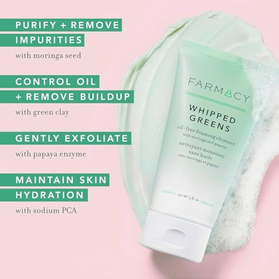 Farmacy Whipped Greens Face Wash - Oil Free Foaming Facial Cleanser for Combination and Oily Skin (150ml)