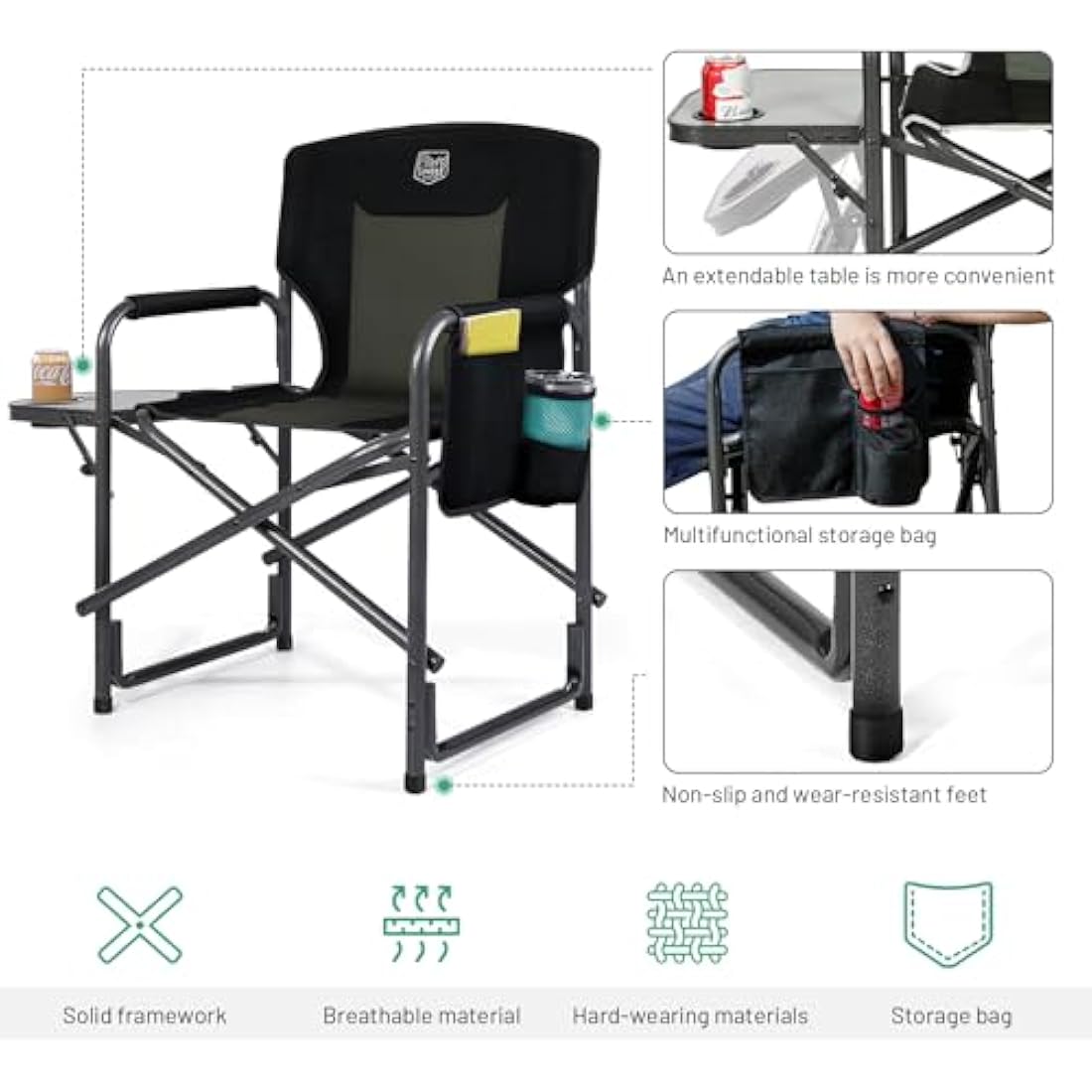 TIMBER RIDGE Camping Chair Heavy Duty 180kg Capacity, Directors Chair Folding Aluminum with Side Table, Portable for Outdoor Festival BBQs Black
