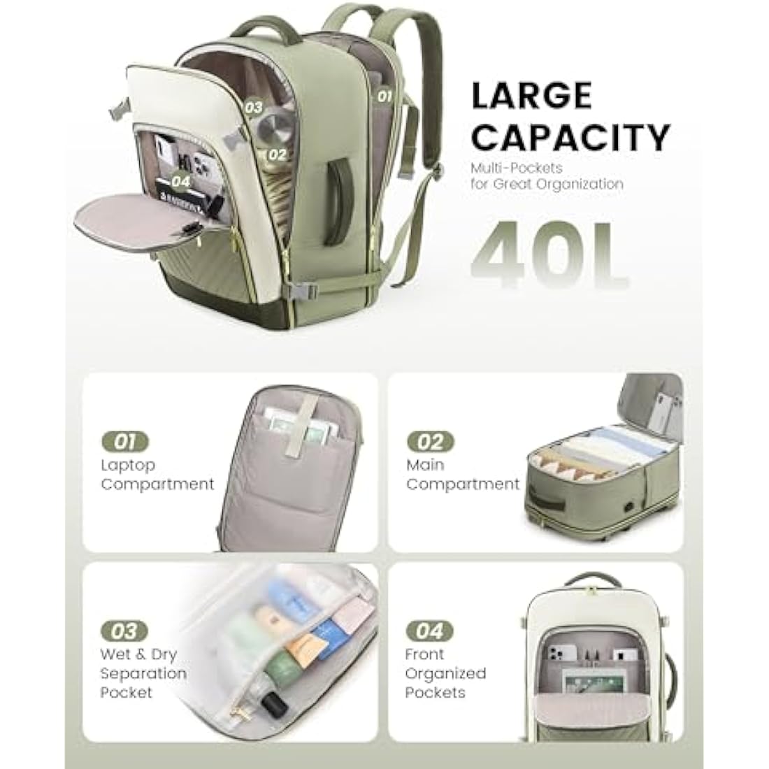 LOVEVOOK Cabin Backpack for Travelling 40L Hand Luggage Rucksack Bag for Women Waterproof Weekend Overnight Carry On Bag 17 inch Laptop Backpack Large Ladies Maternity Hospital Bag