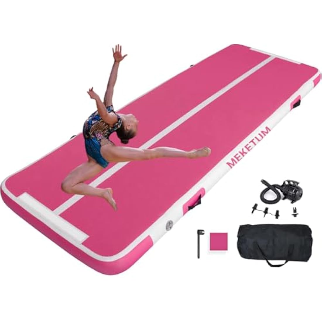 MEKETUM Air Tumble Track Gymnastic Mat Inflatable 6.6ft 10ft 13ft 16ft 4/8 Inch Thickness Gym Tumbling Floor Mats with Air Pump for Home Use/Cheerleading/Yoga/Dance/Water Fun