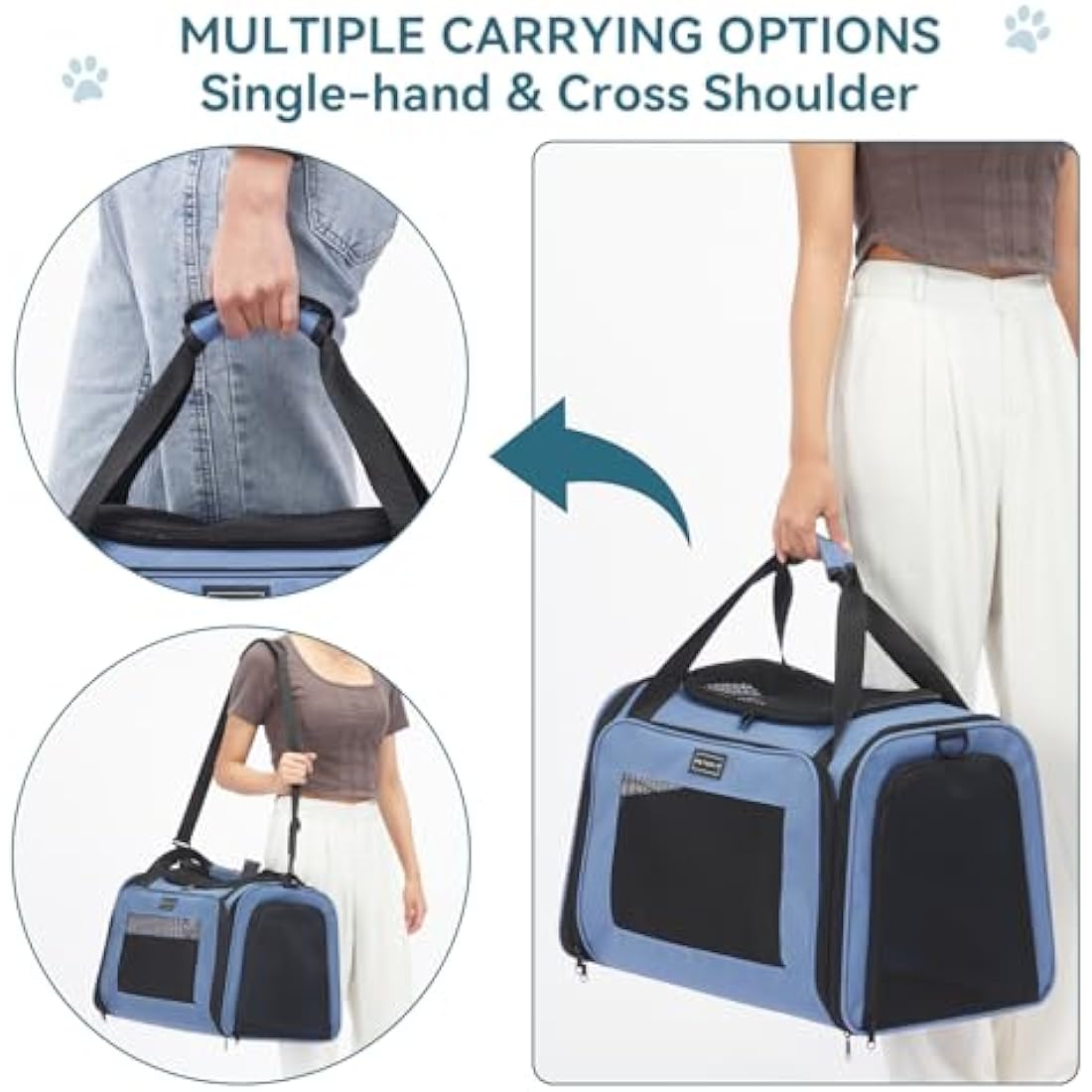 Petsfit Cat Carrier Large Up to 12KG, Cat Carrier for 2 Cats with Extendable Fleece Mat,Small Dog Travel Bag Carrier with Safety Leash for Puppy for Car Use, Blue，50 * 33 * 33CM