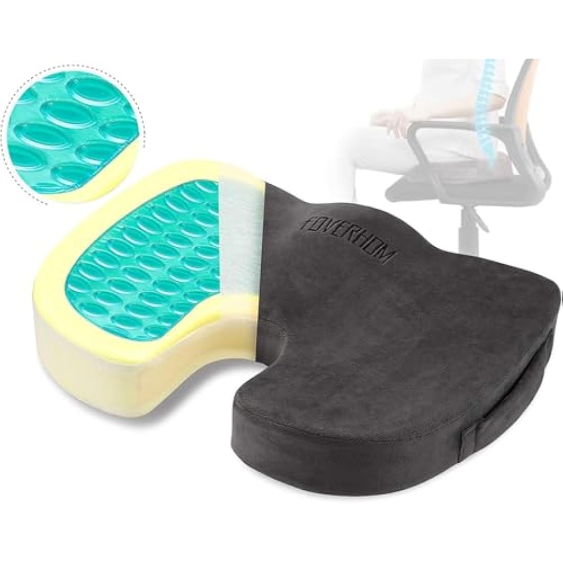 foverhom Gel Seat Cushion for Long Sitting,Office Chair Cushion for Tailbone Pain Relief,Non Slip Orthopedic 50 Density Slow Rebound Memory Foam Car Seat Cushion with Handle and Concealed Zipper