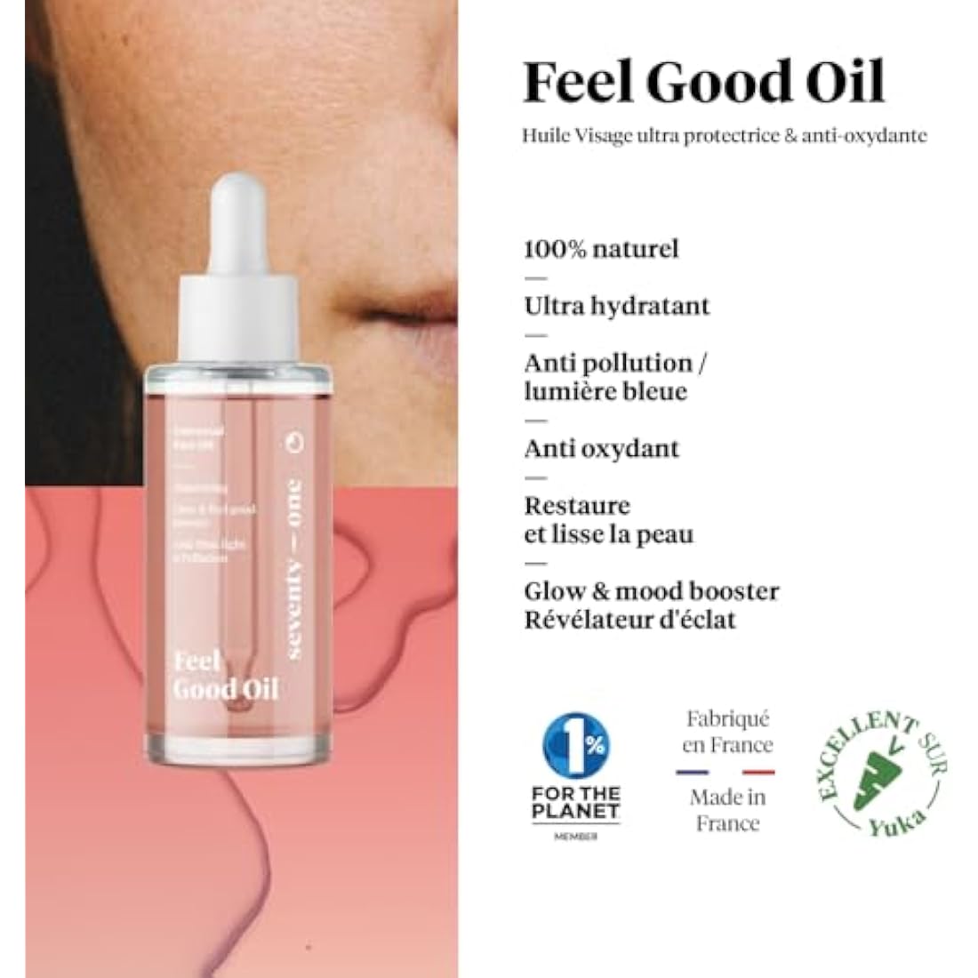 SeventyOne Percent | Feel Good Oil | Dry Oil Face | Ultra Moisturizing & Protective | Restores & Smoothes Skin | Radiance Revealer | Anti-Oxidant | 99% Natural - Made in France | 50 ml