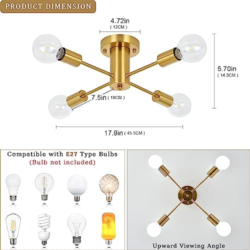ASHUAQI Gold Sputnik Chandeliers - 4 Lights Semi Flush Ceiling Lights for Living Room, Bedroom, Kitchen, Lounge, Hallway