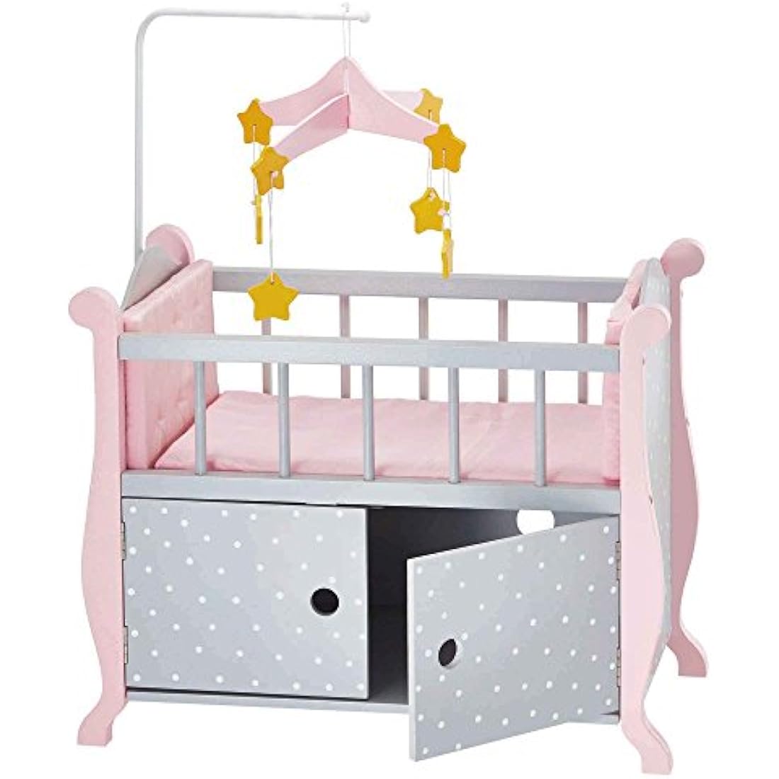 Olivia's Little World Polka Dot Princess Wooden Baby Doll Crib with Storage Underneath, Cushions, and Mobile, Grey/Pink
