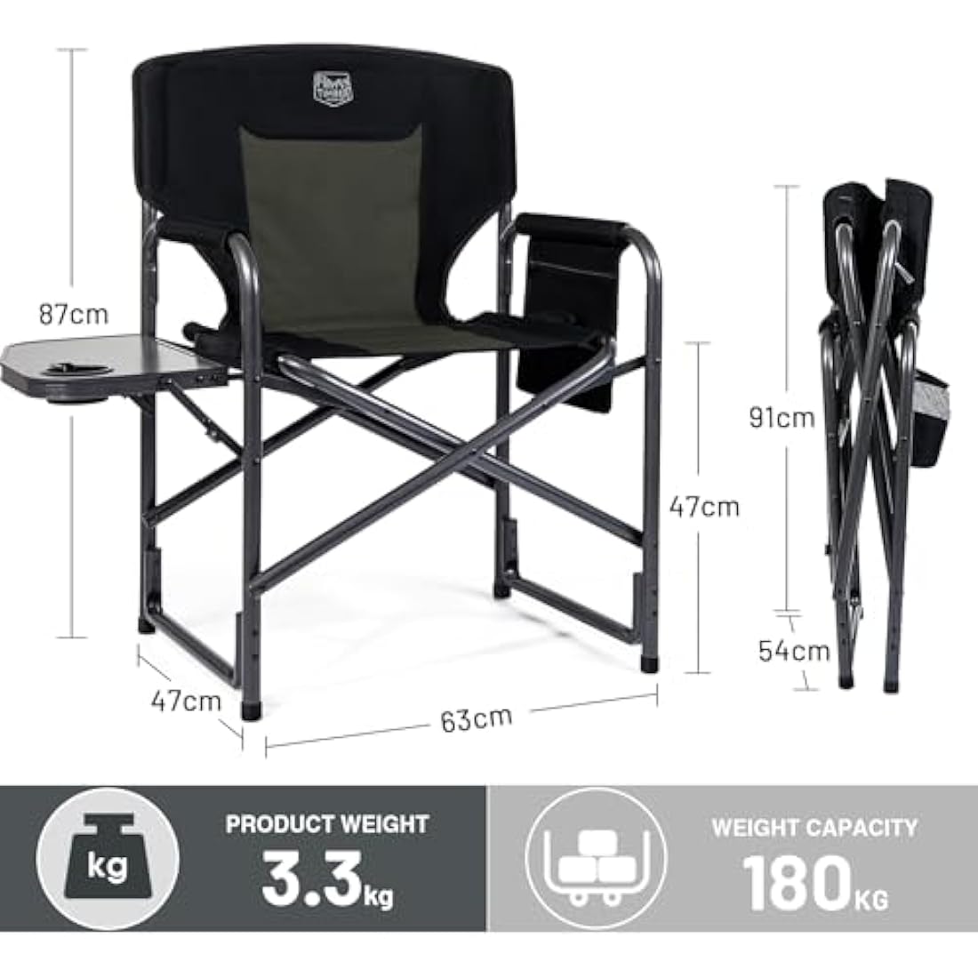 TIMBER RIDGE Camping Chair Heavy Duty 180kg Capacity, Directors Chair Folding Aluminum with Side Table, Portable for Outdoor Festival BBQs Black