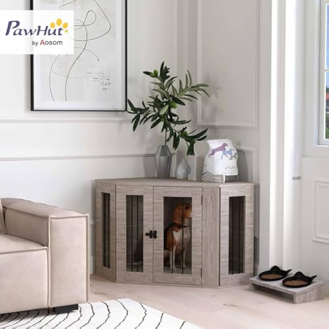 PawHut Dog Crate Furniture, Side Table Dog Kennel with Cushion, Large Door, for Medium Dogs - Walnut Brown